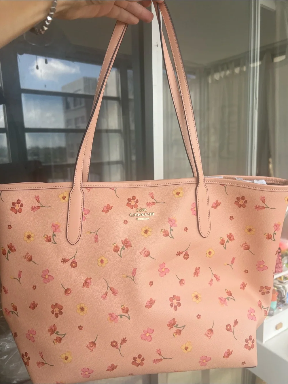New Coach Peach Floral Tote with Pink and Yellow Blooms